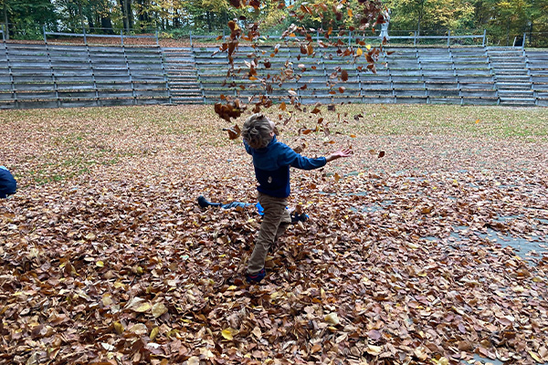 Dreng kaster efterårsblade i luften
